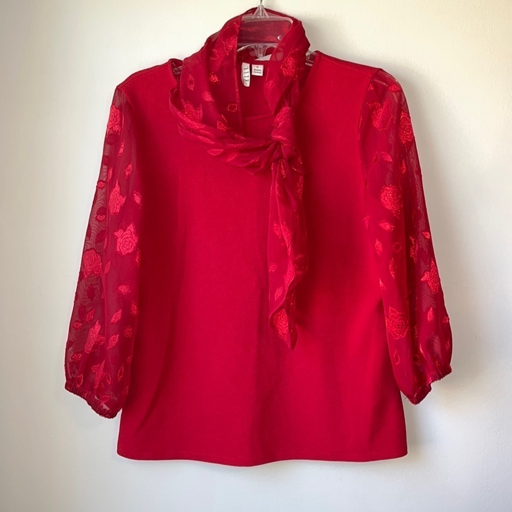 Red Floral Sheer Sleeve Bow Blouse